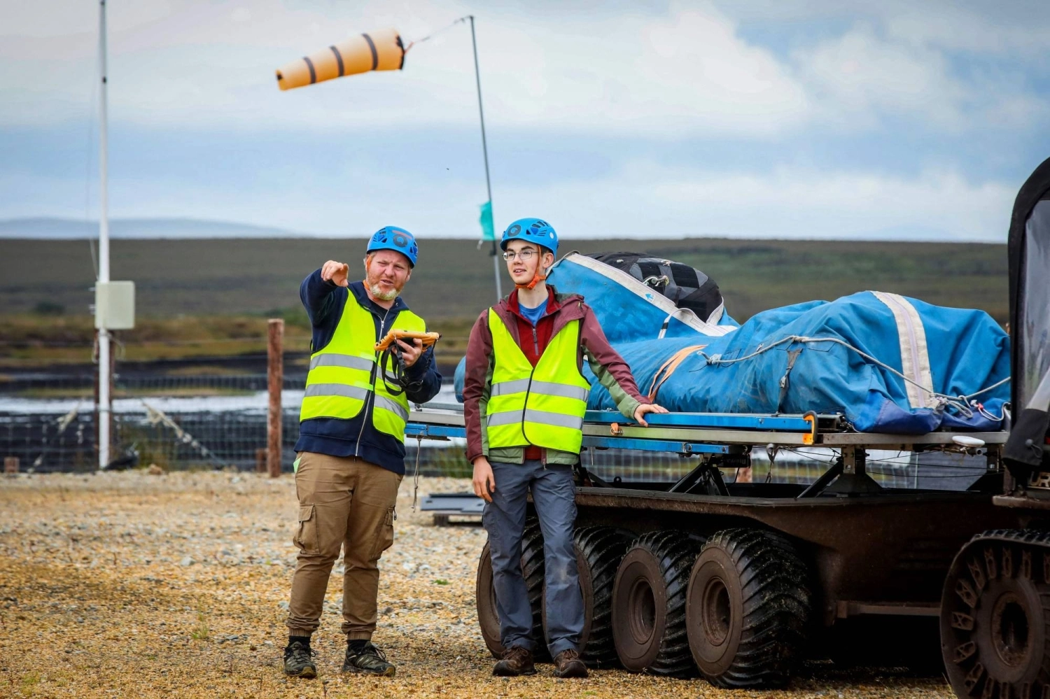 Doherty and intern Jacob Hamilton prepare to launch one the Kitepower Kites at their launch site at Bangor Erris, Ireland, on July 18. Doherty and intern Jacob Hamilton prepare to launch one the Kitepower Kites at their launch site at Bangor Erris, Ireland, on July 18.