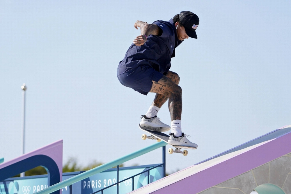 Nyjah Huston of the United States competes in the men’s street finals during the Paris 2024 Olympic Summer Games on July 29, 2024. Nyjah Huston of the United States competes in the men’s street finals during the Paris 2024 Olympic Summer Games on July 29, 2024.
