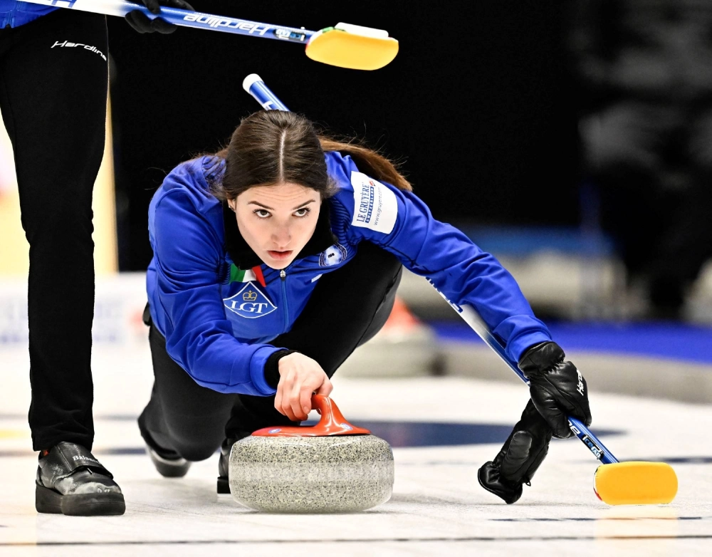 Italy skip Stefania Constantini in action during a match against South Korea at the Women's Curling Championship in Sandviken, Sweden on March 19, 2023 Italy skip Stefania Constantini in action during a match against South Korea at the Women's Curling Championship in Sandviken, Sweden on March 19, 2023