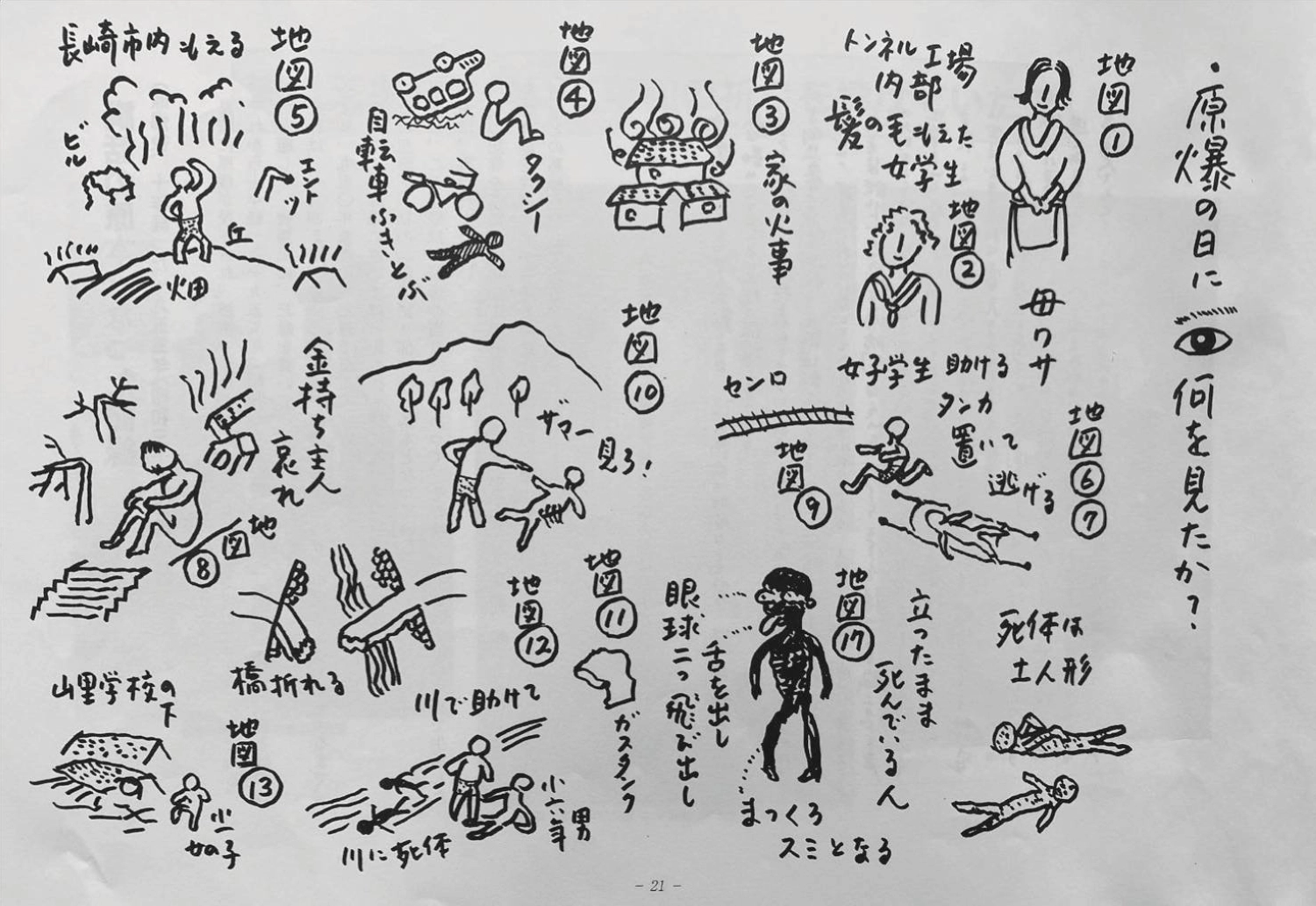 Tagawa’s drawing of what he saw in the aftermath of the atomic bombing of Nagasaki Tagawa’s drawing of what he saw in the aftermath of the atomic bombing of Nagasaki