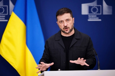 Ukrainian President Volodymyr Zelenskyy speaks during a joint news conference with the European Commission president in Brussels on Sunday. Ukrainian President Volodymyr Zelenskyy speaks during a joint news conference with the European Commission president in Brussels on Sunday.