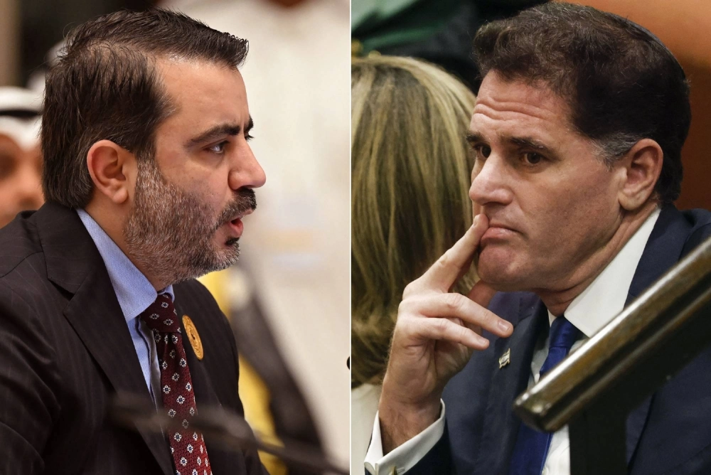 Left: Syrian Foreign Minister Asaad al-Shibani attends a regional forum in Mecca earlier this year. Right: Israeli Strategic Affairs Minister Ron Dermer attends a special session of the Knesset in Jerusalem, in 2022. Left: Syrian Foreign Minister Asaad al-Shibani attends a regional forum in Mecca earlier this year. Right: Israeli Strategic Affairs Minister Ron Dermer attends a special session of the Knesset in Jerusalem, in 2022.