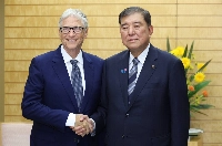 Prime Minister Shigeru Ishiba meets Microsoft co-founder Bill Gates at the prime minister's office in Tokyo on Tuesday. | JIJI