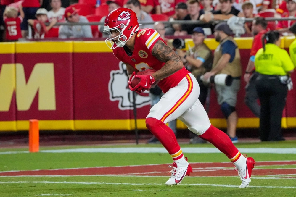 Former Chiefs running back Louis Rees-Zammit returns a kick during a preseason game against the Chicago Bears at Arrowhead Stadium in Kansas City on Aug. 22, 2024.  Former Chiefs running back Louis Rees-Zammit returns a kick during a preseason game against the Chicago Bears at Arrowhead Stadium in Kansas City on Aug. 22, 2024.