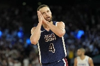 U.S. guard Stephen Curry celebrates after making a shot in the gold medal game against France during the Paris 2024 Olympic Summer Games. | USA TODAY Sports / via Reuters