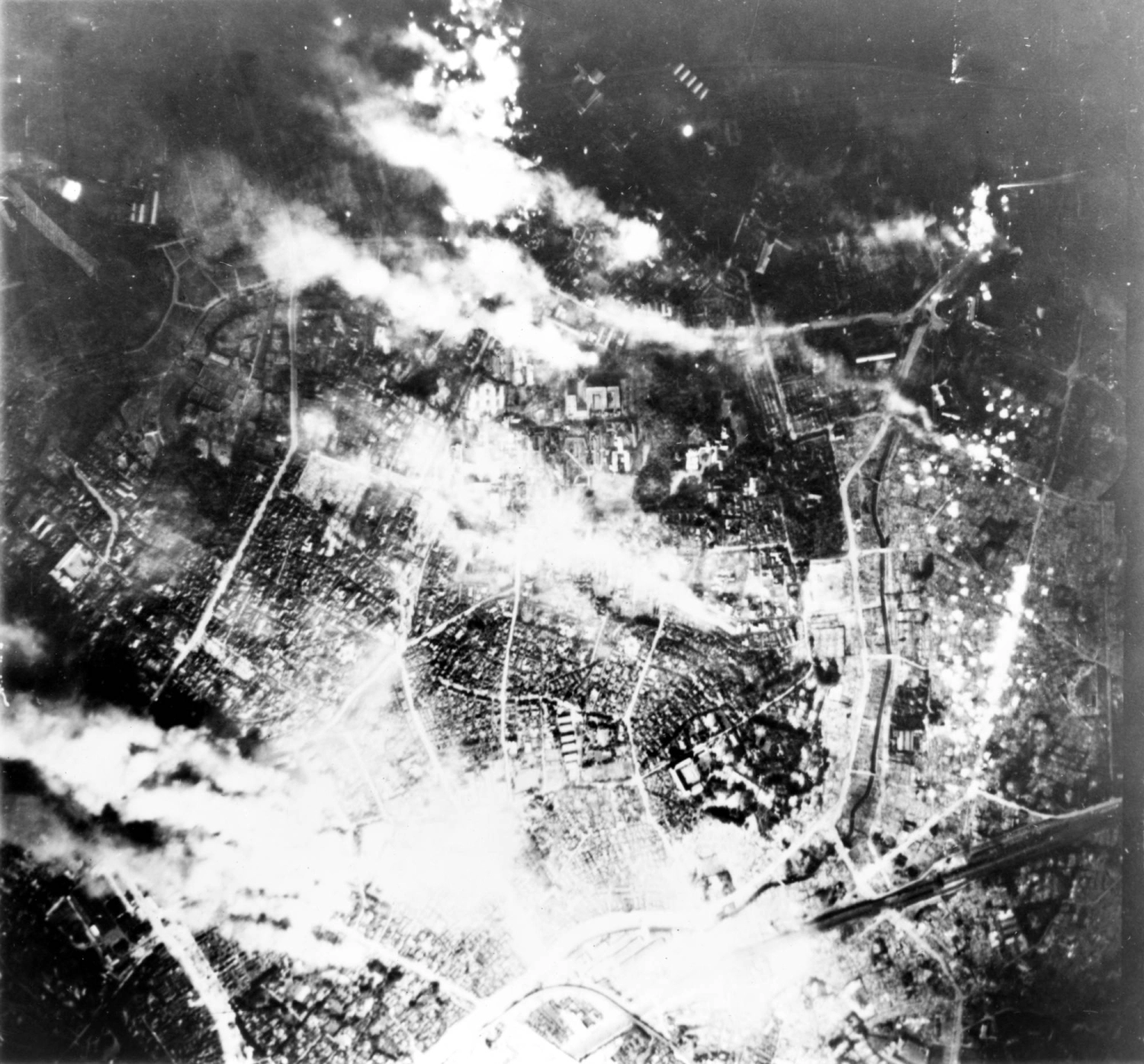 An image from U.S. Army Air Forces shows Tokyo burning after a B-29 firebombing on May 26, 1945. An image from U.S. Army Air Forces shows Tokyo burning after a B-29 firebombing on May 26, 1945.