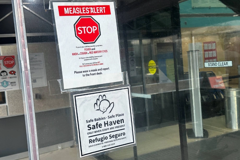 A measles alert sign is posted outside the entrance to the Cohen Children's Medical Center in New York in March.   A measles alert sign is posted outside the entrance to the Cohen Children's Medical Center in New York in March.