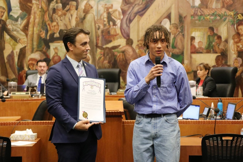 Eddie Laiche (right) speaks next to Konstantine Anthony, mayor of Burbank, California, in the city in December 2023. Eddie Laiche (right) speaks next to Konstantine Anthony, mayor of Burbank, California, in the city in December 2023.