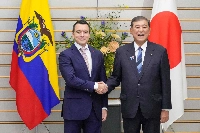 Ecuador's President Daniel Noboa shakes hands with Prime Minister Shigeru Ishiba before their meeting at the Prime Minister's Office in Tokyo on Thursday. | AFP-JIJI