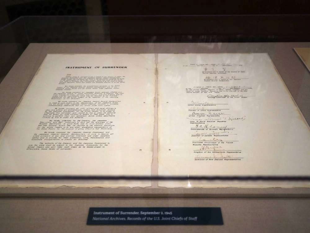 Japan's World War II surrender documents went on display at the U.S. National Archives and Records Administration in Washington on Thursday. Japan's World War II surrender documents went on display at the U.S. National Archives and Records Administration in Washington on Thursday.