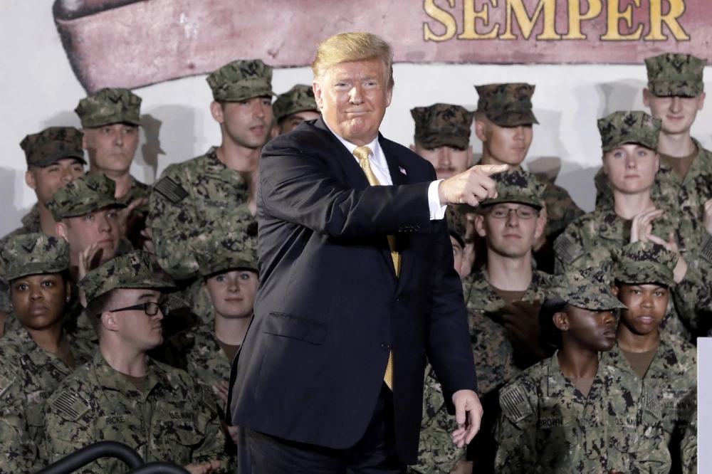 U.S. President Donald Trump visits the USS Wasp aircraft carrier in Yokosuka, Kanagawa Prefecture, in May 2019 during his first term as president. Trump is expected to demand that Japan boost its host-nation support spending for U.S. military when the current plan expires in March 2027. U.S. President Donald Trump visits the USS Wasp aircraft carrier in Yokosuka, Kanagawa Prefecture, in May 2019 during his first term as president. Trump is expected to demand that Japan boost its host-nation support spending for U.S. military when the current plan expires in March 2027.