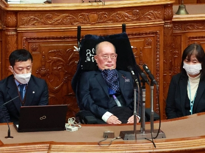 Yasuhiko Funago (center) asks a representative question during a plenary session of the House of Councilors, inside the Diet building in January 2023. Yasuhiko Funago (center) asks a representative question during a plenary session of the House of Councilors, inside the Diet building in January 2023.