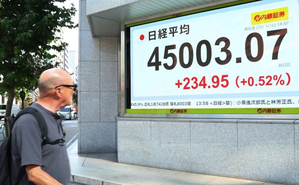 The Nikkei 225 stock index rose above the 45,000 mark just after the open and then fell back to close the day below that mark. The Nikkei 225 stock index rose above the 45,000 mark just after the open and then fell back to close the day below that mark.