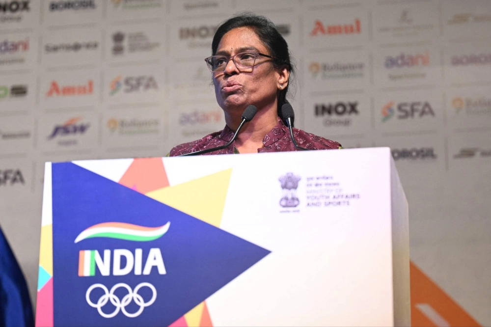 Indian Olympic Association President PT Usha delivers a speech during a send-off ceremony for the Indian athletes competing in the Asian Games in September 2023.  Indian Olympic Association President PT Usha delivers a speech during a send-off ceremony for the Indian athletes competing in the Asian Games in September 2023.
