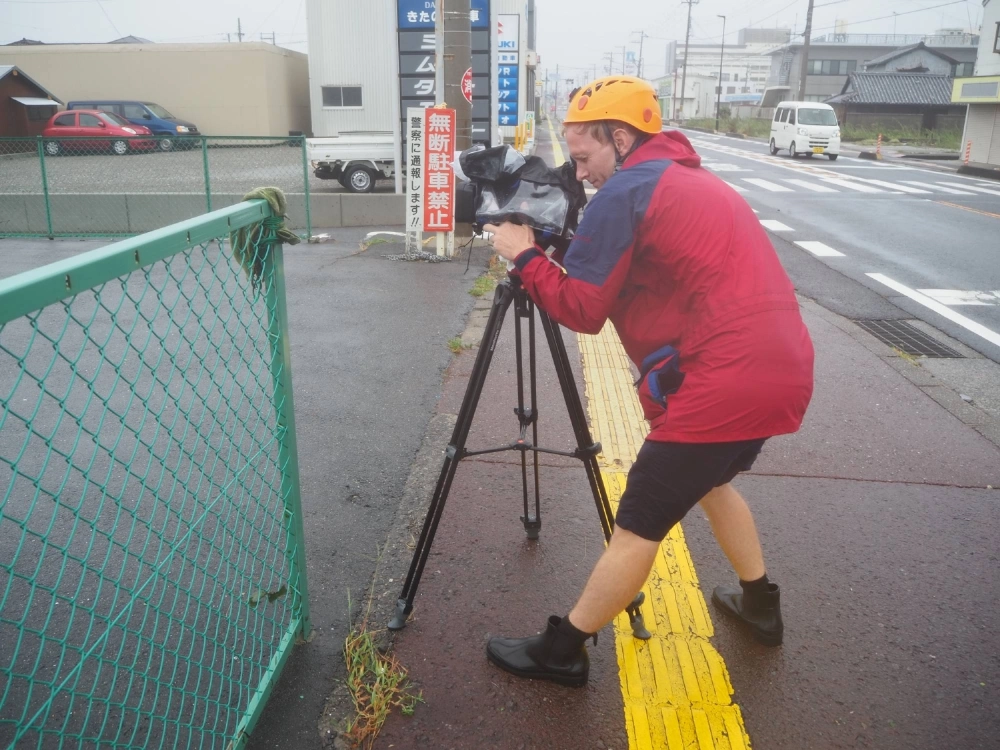 James Reynolds, a video producer and professional stormchaser, sets up his equipment to document Typhoon Jebi in 2018. James Reynolds, a video producer and professional stormchaser, sets up his equipment to document Typhoon Jebi in 2018.