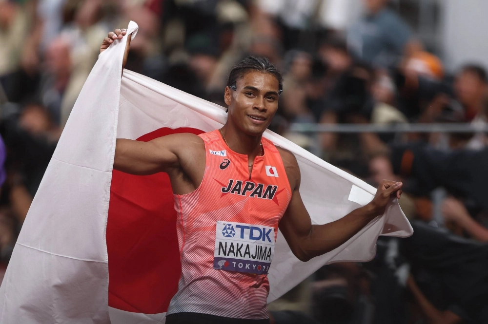 Yuki Joseph Nakajima after finishing sixth in the men's 400-meter final at the World Athletics Championships in Tokyo on Thursday.  Yuki Joseph Nakajima after finishing sixth in the men's 400-meter final at the World Athletics Championships in Tokyo on Thursday.