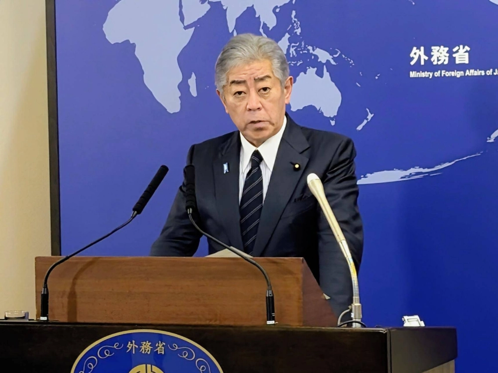 Foreign Minister Takeshi Iwaya speaks during a news conference at the ministry in Tokyo on Friday. Foreign Minister Takeshi Iwaya speaks during a news conference at the ministry in Tokyo on Friday.