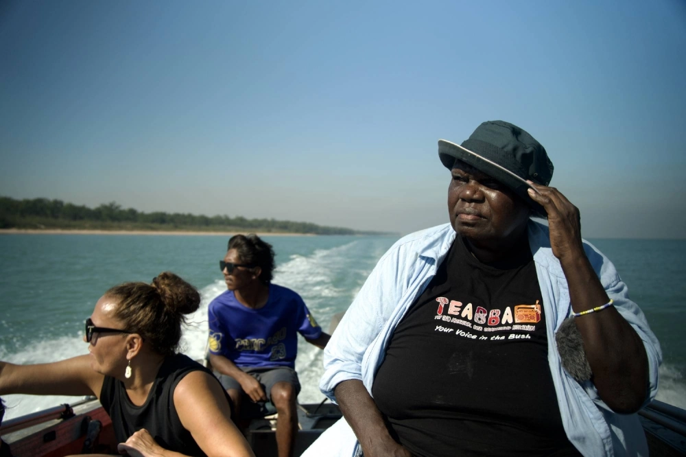 Paulina “Jedda” Puruntatameri with Antonia Burke and Tiwi fisher Clinton offshore of Melville Island, one of the Tiwi Islands, in Australia's Northern Territory. Together with other Tiwi, Jedda has been campaigning for years to stop Australian company Santos and its backers, including Japanese investors, from drilling for natural gas at the Barossa gas field. Paulina “Jedda” Puruntatameri with Antonia Burke and Tiwi fisher Clinton offshore of Melville Island, one of the Tiwi Islands, in Australia's Northern Territory. Together with other Tiwi, Jedda has been campaigning for years to stop Australian company Santos and its backers, including Japanese investors, from drilling for natural gas at the Barossa gas field.