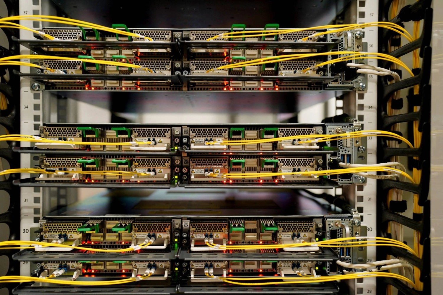 Wiring inside a data hall at a Microsoft data center in Mount Pleasant, Wisconsin Wiring inside a data hall at a Microsoft data center in Mount Pleasant, Wisconsin