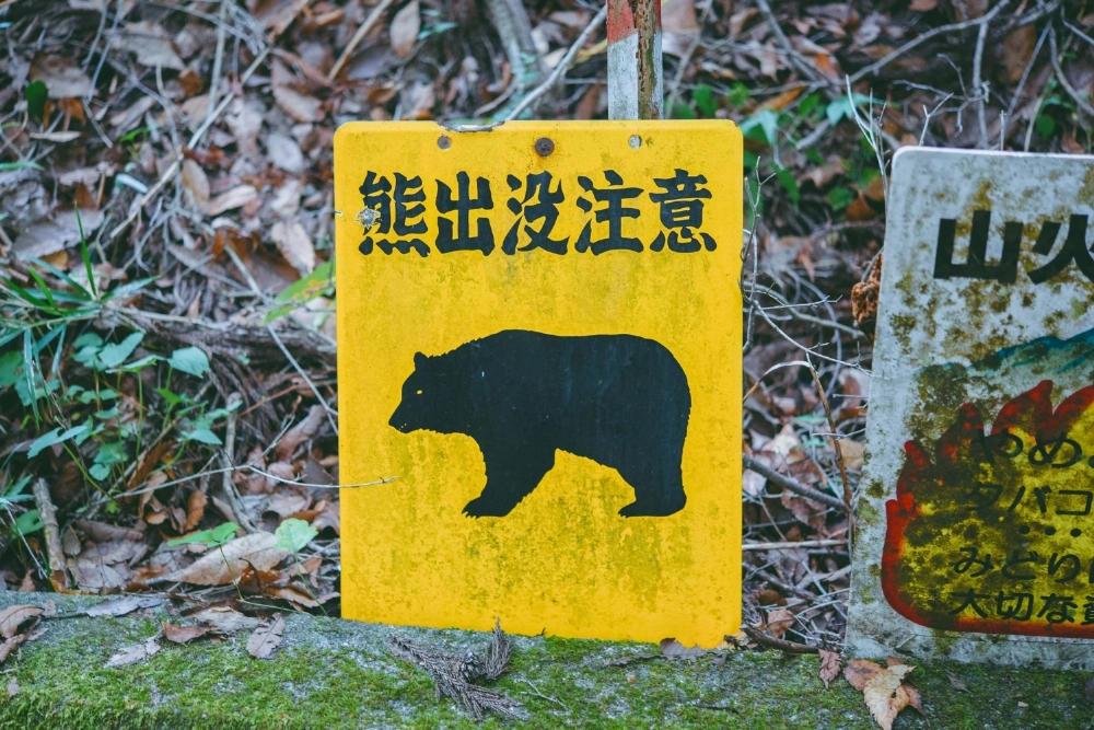 A bear warning sign. More and more wild bears have been spotted in Japan in recent years, even in residential areas, due to factors including a declining human population and climate change.