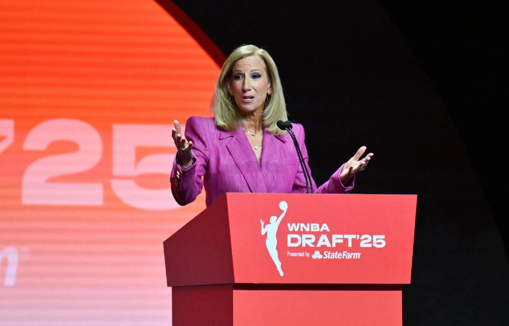 WNBA Commissionner Cathy Engelbert speaks during the WNBA Draft in New York on April 14.  WNBA Commissionner Cathy Engelbert speaks during the WNBA Draft in New York on April 14.