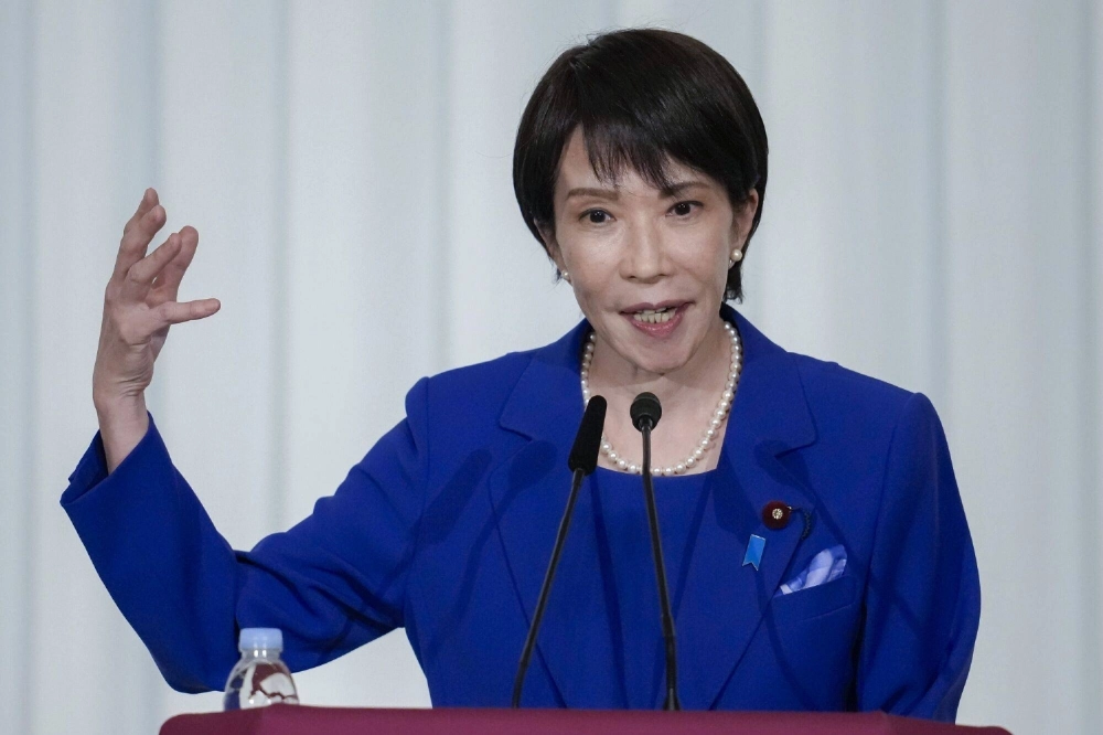 Sanae Takaichi, newly elected leader of the Liberal Democratic Party, speaks during a news conference at the party's headquarters in Tokyo on Saturday. Sanae Takaichi, newly elected leader of the Liberal Democratic Party, speaks during a news conference at the party's headquarters in Tokyo on Saturday.