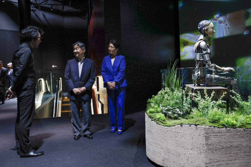Emperor Naruhito and Empress Masako visit the Future of Life pavilion featuring androids and robots at the Osaka expo on Monday. Emperor Naruhito and Empress Masako visit the Future of Life pavilion featuring androids and robots at the Osaka expo on Monday.