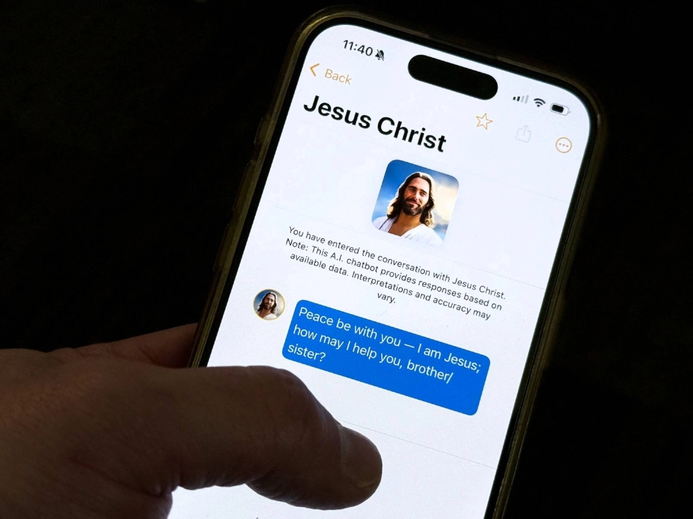 The "Text With Jesus" chatbot app displayed on an iPhone on Oct. 2. The "Text With Jesus" chatbot app displayed on an iPhone on Oct. 2.