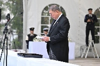 Prime Minister Shigeru Ishiba delivers remarks at a memorial service for Self-Defense Forces personnel who died in the line of duty, on Saturday at the Defense Ministry in Tokyo. | JIJI