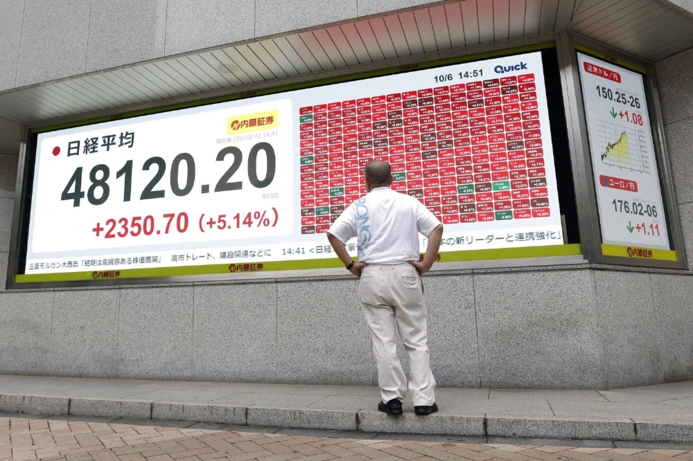A screen outside a Tokyo securities firm shows the Nikkei 225 Stock Average on Oct. 6. As Japan's financial markets reacted to Sanae Takaichi's Liberal Democratic Party presidential win, much of the media's focus was on the falling yen, downplaying the surge in equities to record highs. A screen outside a Tokyo securities firm shows the Nikkei 225 Stock Average on Oct. 6. As Japan's financial markets reacted to Sanae Takaichi's Liberal Democratic Party presidential win, much of the media's focus was on the falling yen, downplaying the surge in equities to record highs.