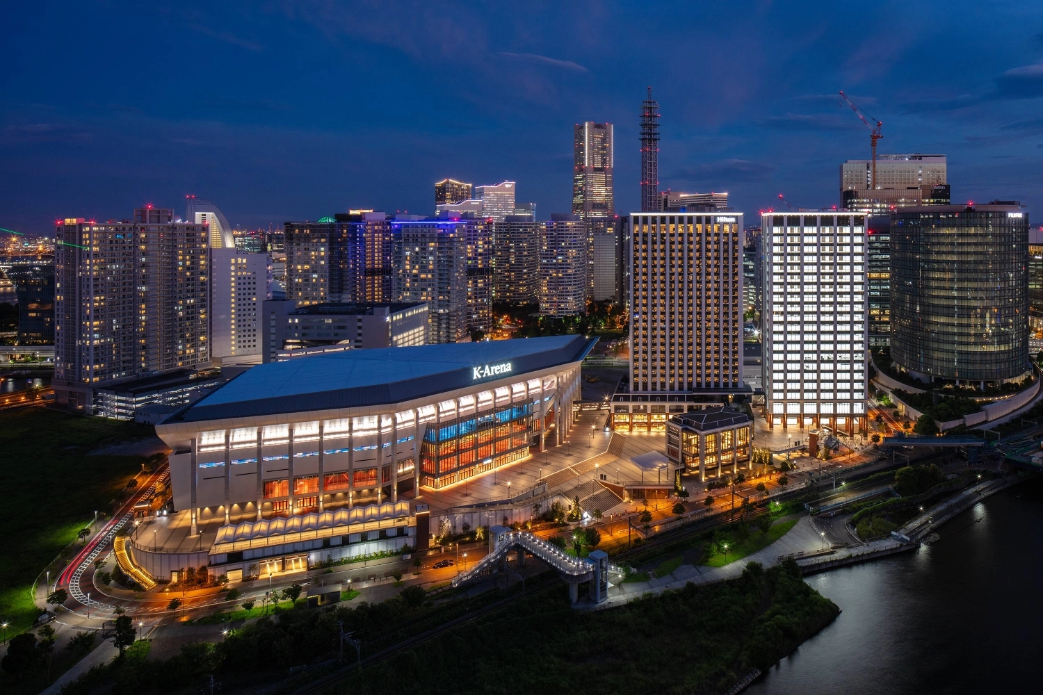 K-Arena Yokohama sits by the waterways of the city’s Minato Mirai neighborhood as part of the Music Terrace project. K-Arena Yokohama sits by the waterways of the city’s Minato Mirai neighborhood as part of the Music Terrace project.