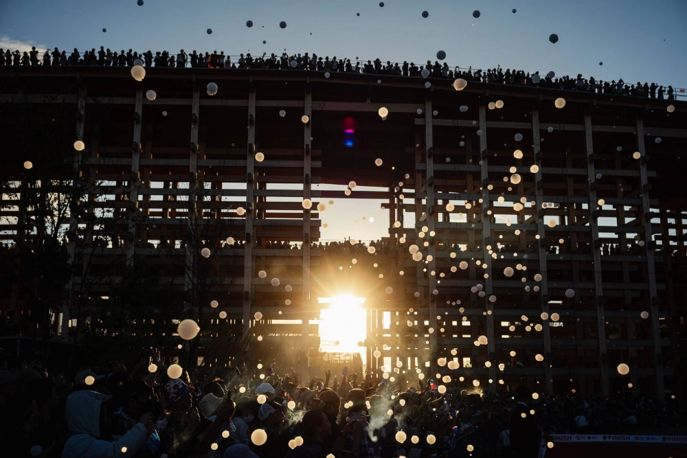 The sun sets on the Grand Ring on the final day of the Osaka Expo on Monday. The sun sets on the Grand Ring on the final day of the Osaka Expo on Monday.