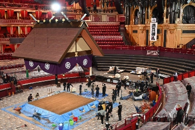 Preparations advance on Monday for the Grand Sumo Tournament at the Royal Albert Hall in London. Preparations advance on Monday for the Grand Sumo Tournament at the Royal Albert Hall in London.