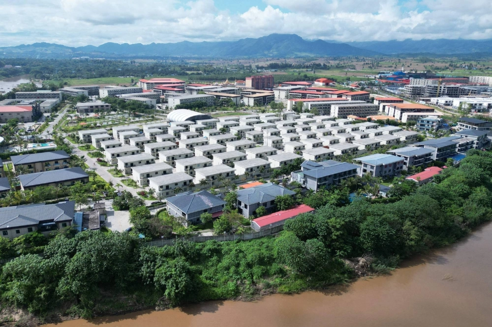 The KK Park complex in Myanmar's eastern Myawaddy township, as pictured from Mae Sot district in Thailand's border province of Tak on Sept. 17.  The KK Park complex in Myanmar's eastern Myawaddy township, as pictured from Mae Sot district in Thailand's border province of Tak on Sept. 17.