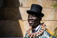 King Bubaraye Dakolo of the Ekpetiama Kingdom in Bayelsa State, southern Nigeria, poses for a photograph in Lagos on Oct. 13. | AFP-JIJI