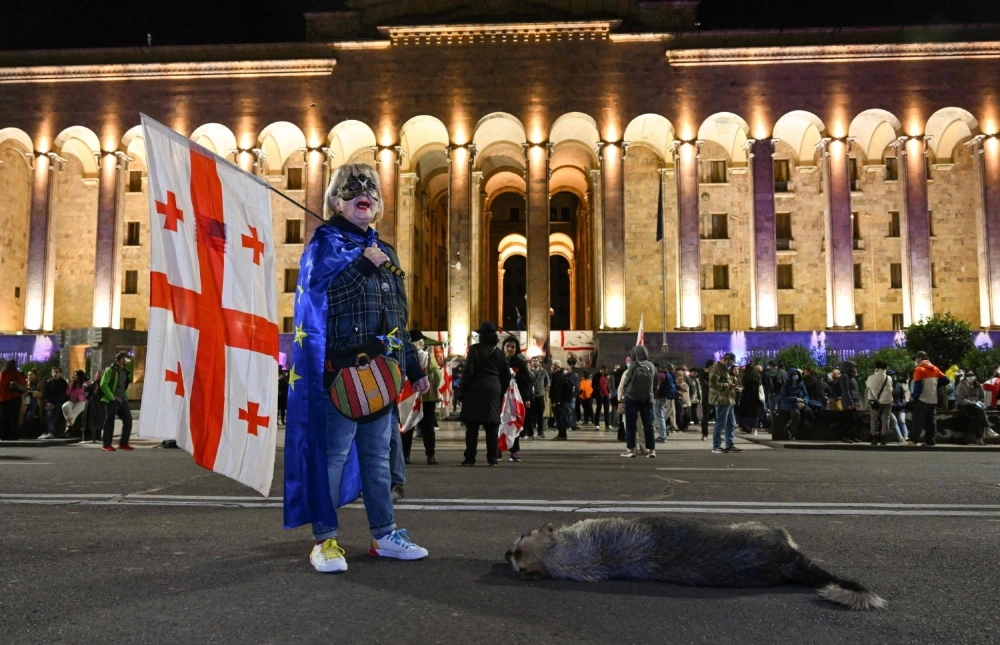 A Georgian anti-government demonstrator protests outside parliament in central Tbilisi on Oct. 15. A Georgian anti-government demonstrator protests outside parliament in central Tbilisi on Oct. 15.