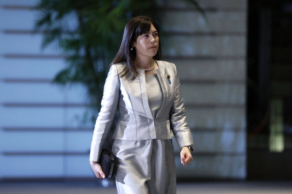 Kimi Onoda, economic security minister and minister for harmonious coexistence with foreign nationals, arrives at the prime minister's office in Tokyo on Tuesday. Kimi Onoda, economic security minister and minister for harmonious coexistence with foreign nationals, arrives at the prime minister's office in Tokyo on Tuesday.