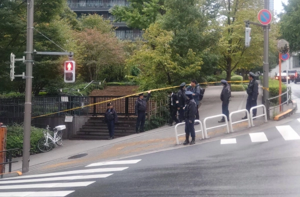 The scene near the U.S. Embassy in Tokyo where a riot police officer was injured on Friday. The scene near the U.S. Embassy in Tokyo where a riot police officer was injured on Friday.