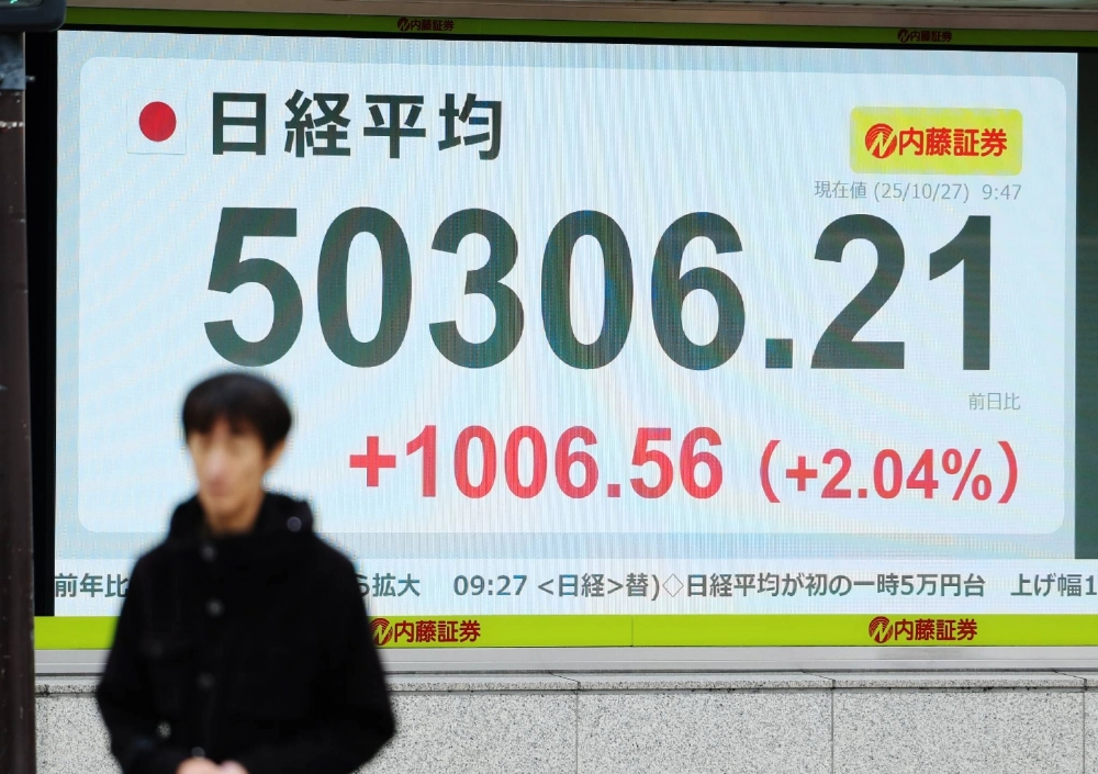 An electronic signboard in Tokyo shows the benchmark index above 50,000. An electronic signboard in Tokyo shows the benchmark index above 50,000.
