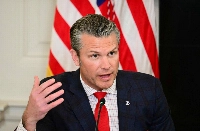 U.S. Defense Secretary Pete Hegseth speaks at the White House in Washington last week. He is scheduled to hold talks with Defense Minister Shinjiro Koizumi in Japan on Wednesday. | AFP-Jiji