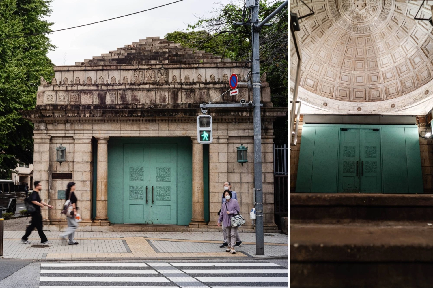 Hakubutsukan-Dobutsuen Station, a former stop on the Keisei Main Line, opened in 1933 and operated until service was suspended in 1997. Its ornate entrance features emerald-green sliding steel doors, a pyramid-shaped roof and a domed ceiling.  Hakubutsukan-Dobutsuen Station, a former stop on the Keisei Main Line, opened in 1933 and operated until service was suspended in 1997. Its ornate entrance features emerald-green sliding steel doors, a pyramid-shaped roof and a domed ceiling.