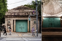 Hakubutsukan-Dobutsuen Station, a former stop on the Keisei Main Line, opened in 1933 and operated until service was suspended in 1997. Its ornate entrance features emerald-green sliding steel doors, a pyramid-shaped roof and a domed ceiling.  | JOHAN BROOKS