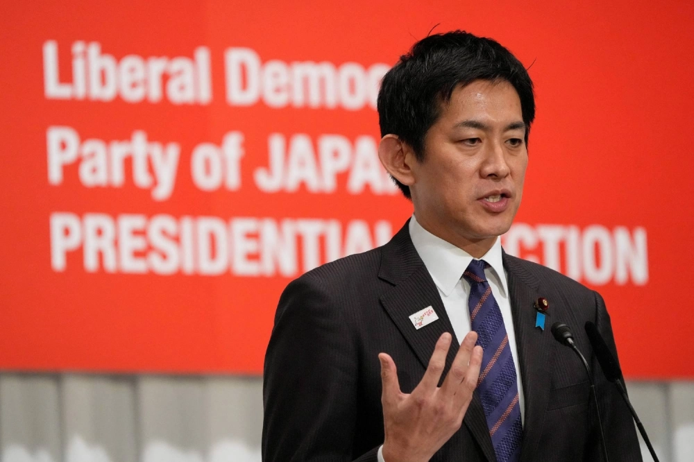Liberal Democratic Party lawmaker Takayuki Kobayashi answers questions during the LDP presidential election candidates' joint news conference at party headquarters in Tokyo on Sept. 23. Liberal Democratic Party lawmaker Takayuki Kobayashi answers questions during the LDP presidential election candidates' joint news conference at party headquarters in Tokyo on Sept. 23.