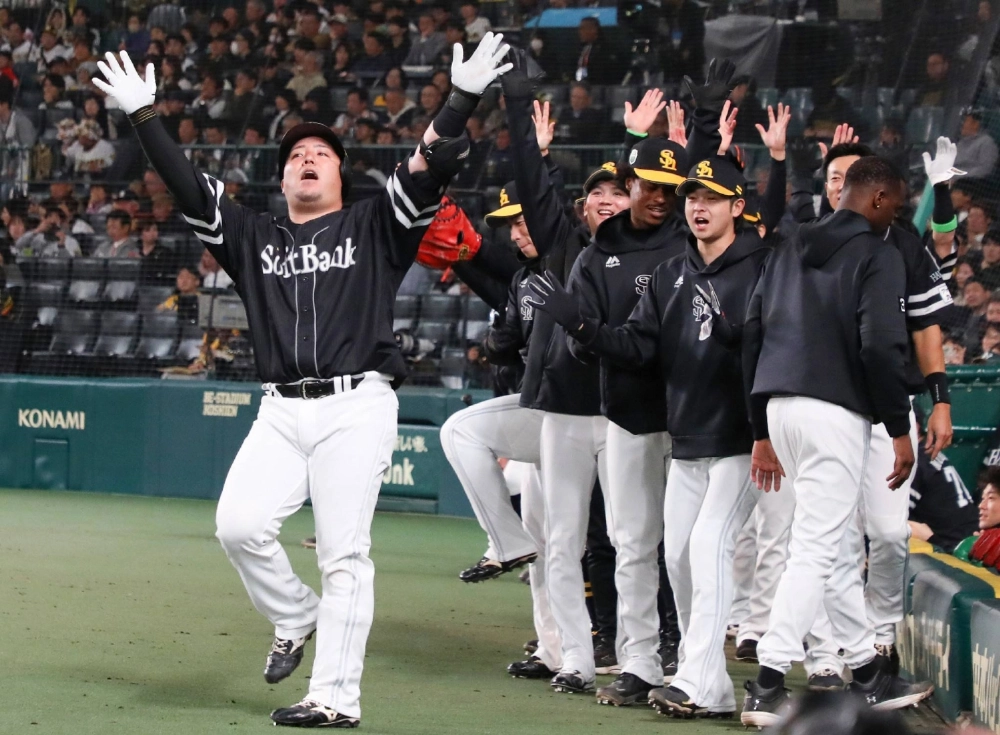 Hotaka Yamakawa celebrates with his teammates after hitting a home run against the Tigers in Game 3 of the Japan Series at Koshien Stadium in Nishinomiya, Hyogo Prefecture. Hotaka Yamakawa celebrates with his teammates after hitting a home run against the Tigers in Game 3 of the Japan Series at Koshien Stadium in Nishinomiya, Hyogo Prefecture.