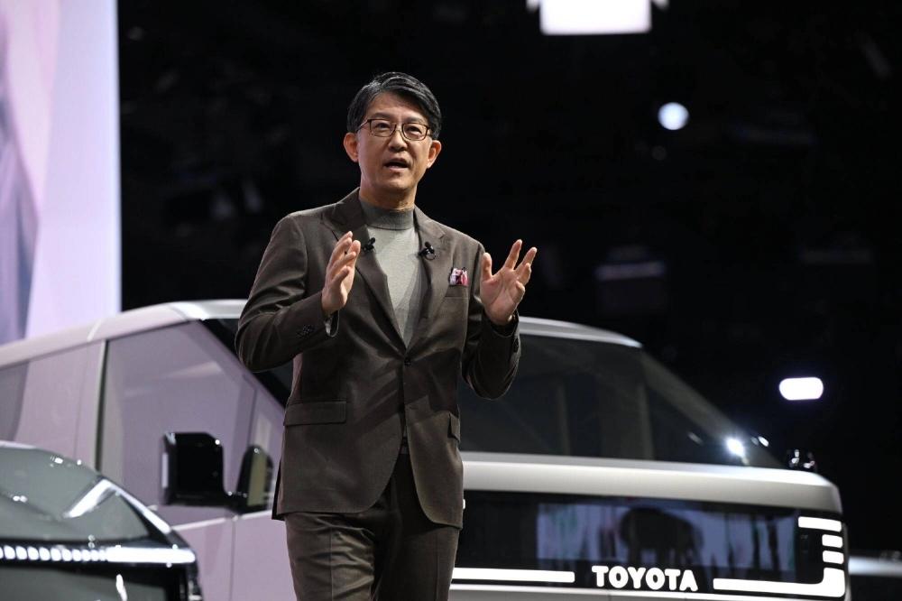 Toyota Motor CEO Koji Sato speaks during a media preview at the Japan Mobility Show in Tokyo on Wednesday. Toyota Motor CEO Koji Sato speaks during a media preview at the Japan Mobility Show in Tokyo on Wednesday.