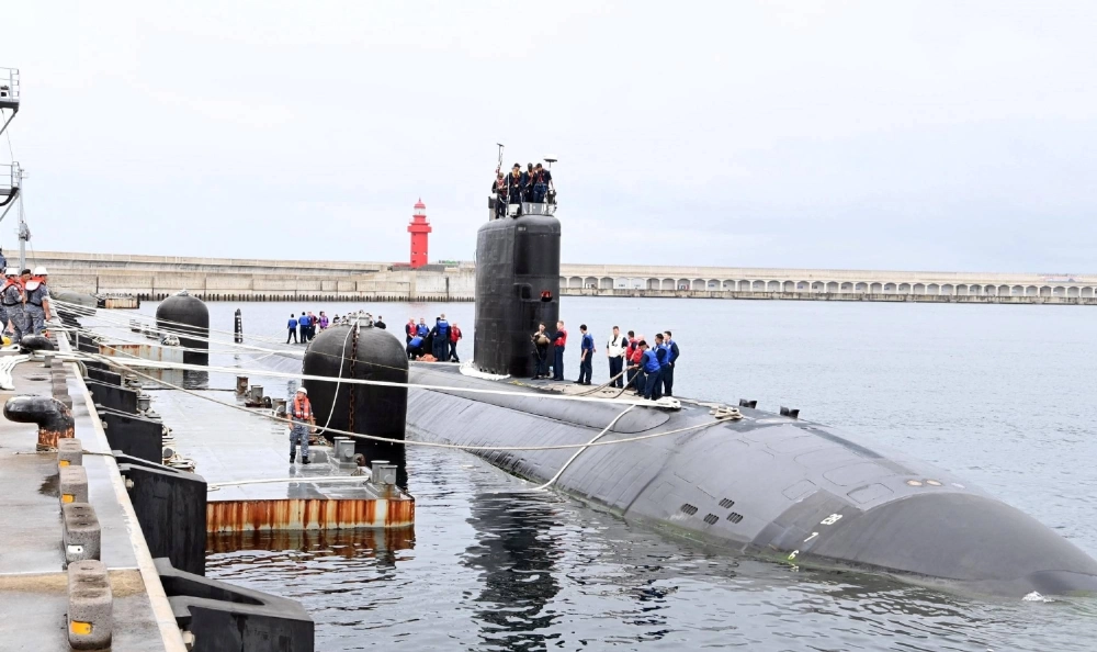 The USS Annapolis nuclear-powered submarine is anchored at a naval base on Jeju Island, South Korea, in July 2023.    The USS Annapolis nuclear-powered submarine is anchored at a naval base on Jeju Island, South Korea, in July 2023.