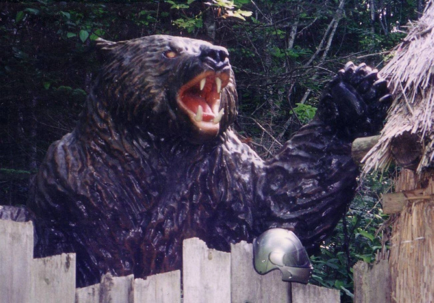 A monument in northern Hokkaido commemorates what’s known as the Sankebetsu brown bear incident. Note the helmet on the fence for scale. A monument in northern Hokkaido commemorates what’s known as the Sankebetsu brown bear incident. Note the helmet on the fence for scale.