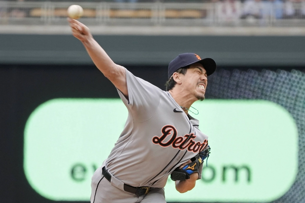 Tigers pitcher Kenta Maeda throws during a game against the Twins in Minneapolis in April.