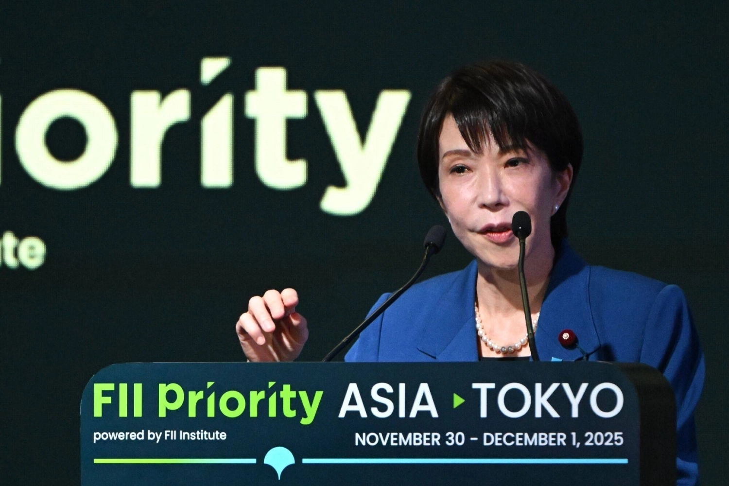 日本首相高市早苗週一在東京舉行的未來投資倡議大會上發表演說。