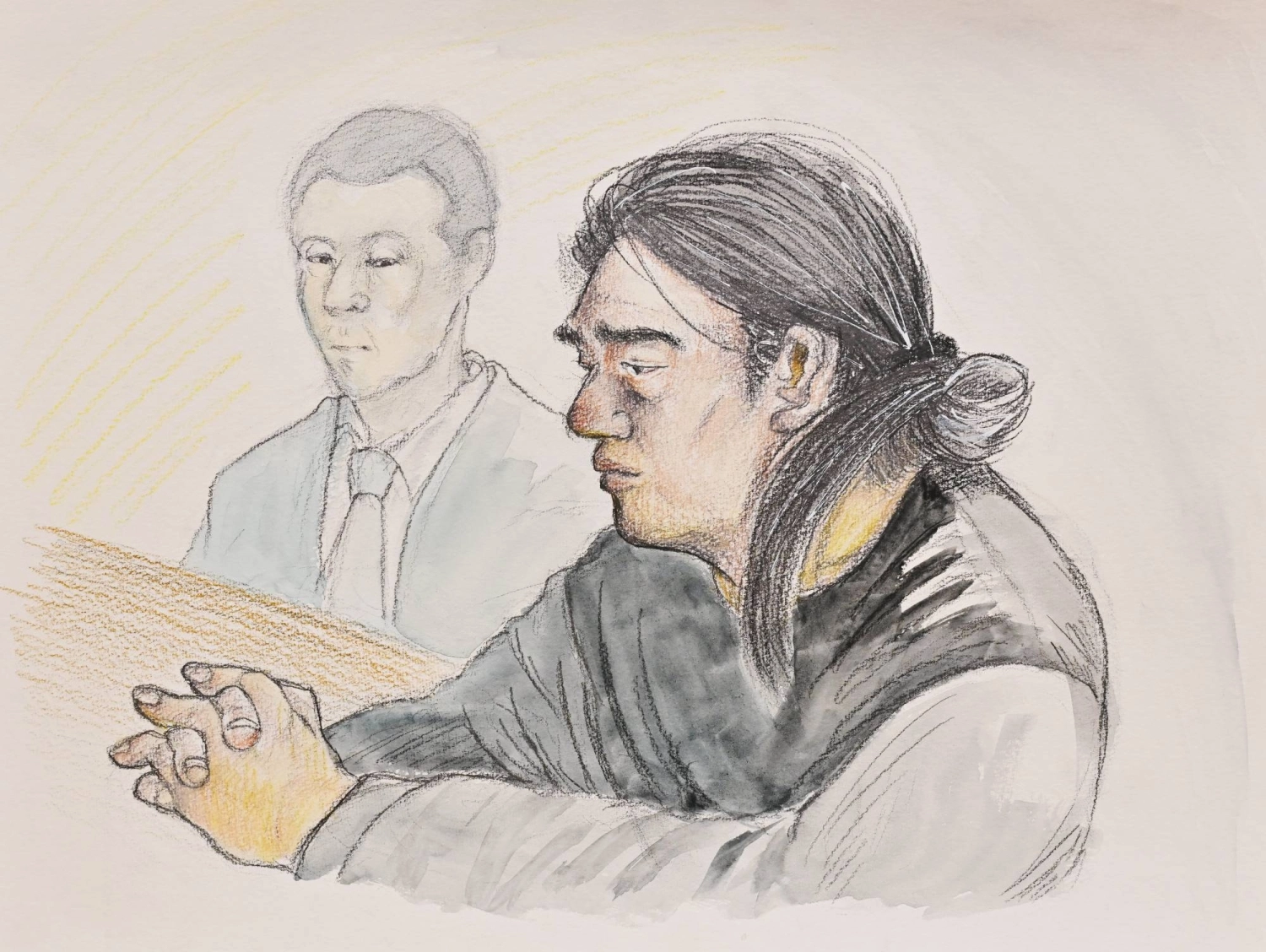 법정 스케치에는 10월 28일 나라 지방법원에서 열린 첫 재판 중 야마가미가 등장한다.